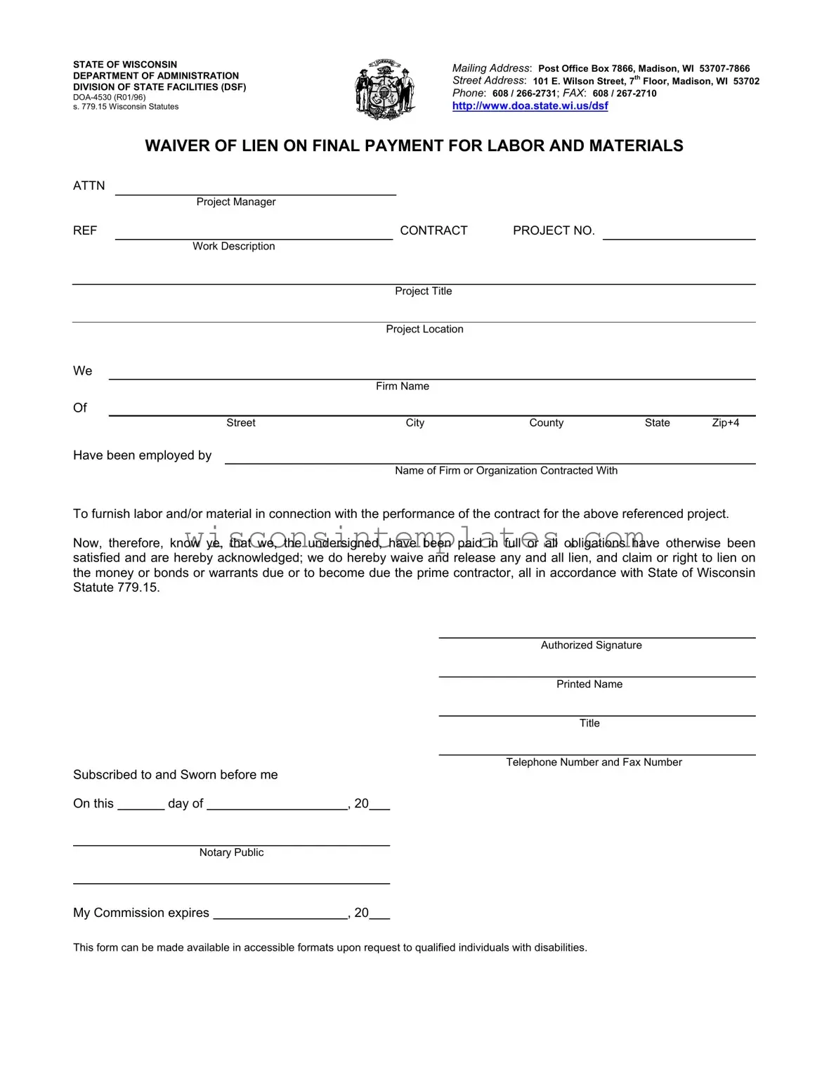Fill Out Your Lien Waiver Wisconsin Template