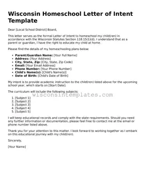 Legal Homeschool Letter of Intent Form for Wisconsin State