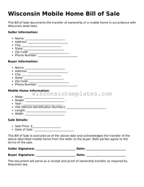 Legal Mobile Home Bill of Sale Form for Wisconsin State