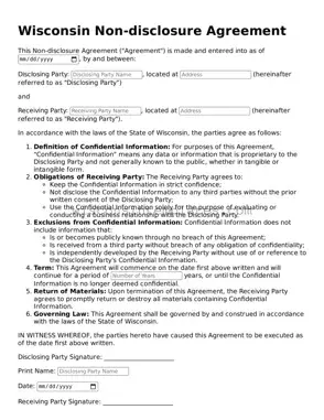 Legal Non-disclosure Agreement Form for Wisconsin State
