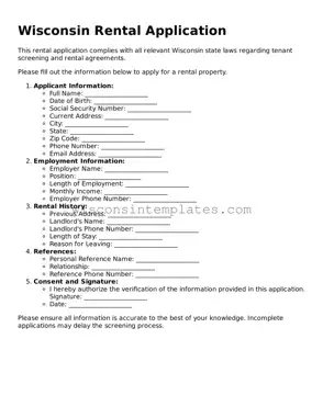 Legal Rental Application Form for Wisconsin State