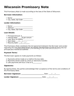 Legal Promissory Note Form for Wisconsin State