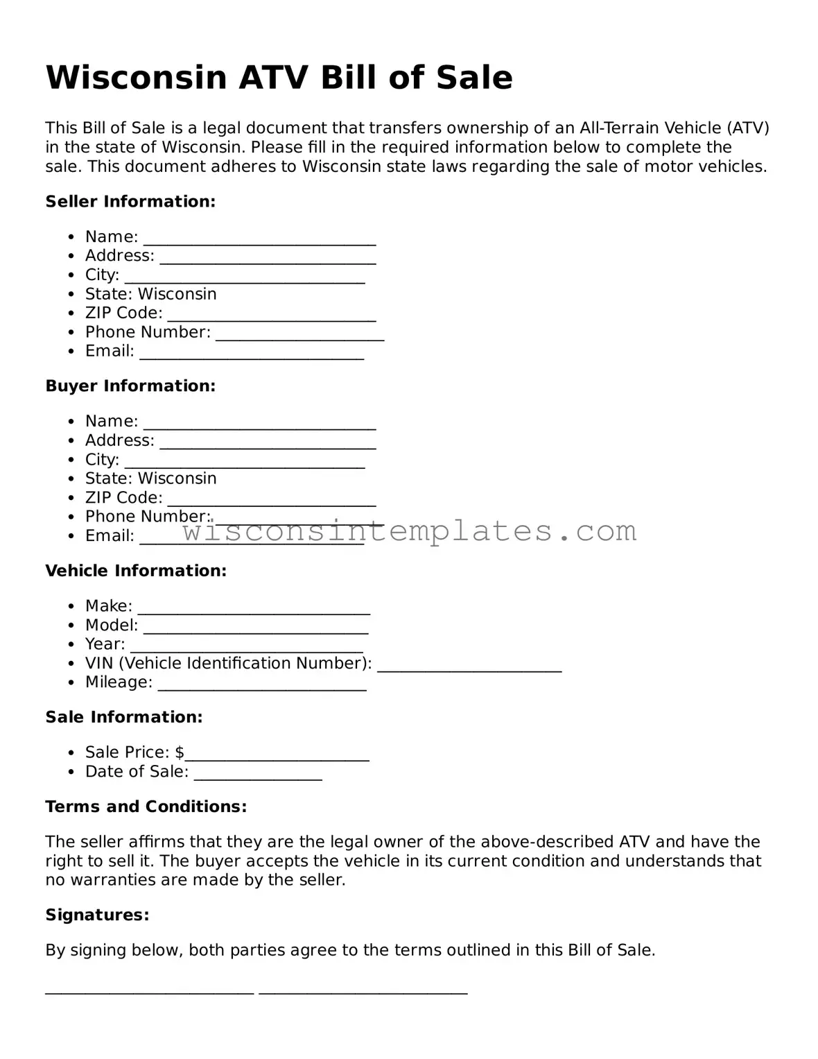 Legal ATV Bill of Sale Form for Wisconsin State