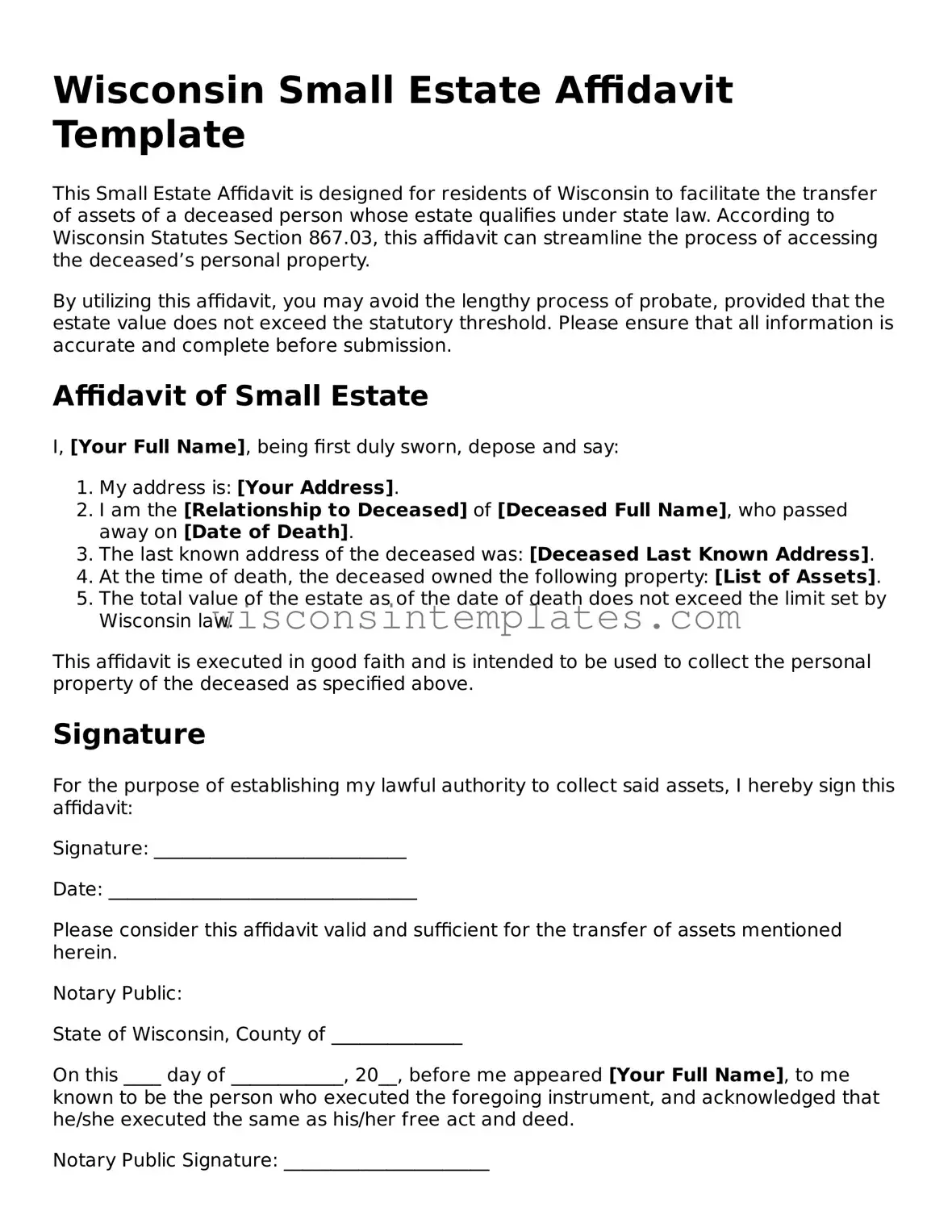 Legal Small Estate Affidavit Form for Wisconsin State