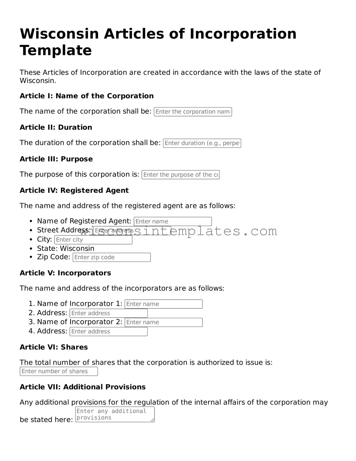 Legal Articles of Incorporation Form for Wisconsin State