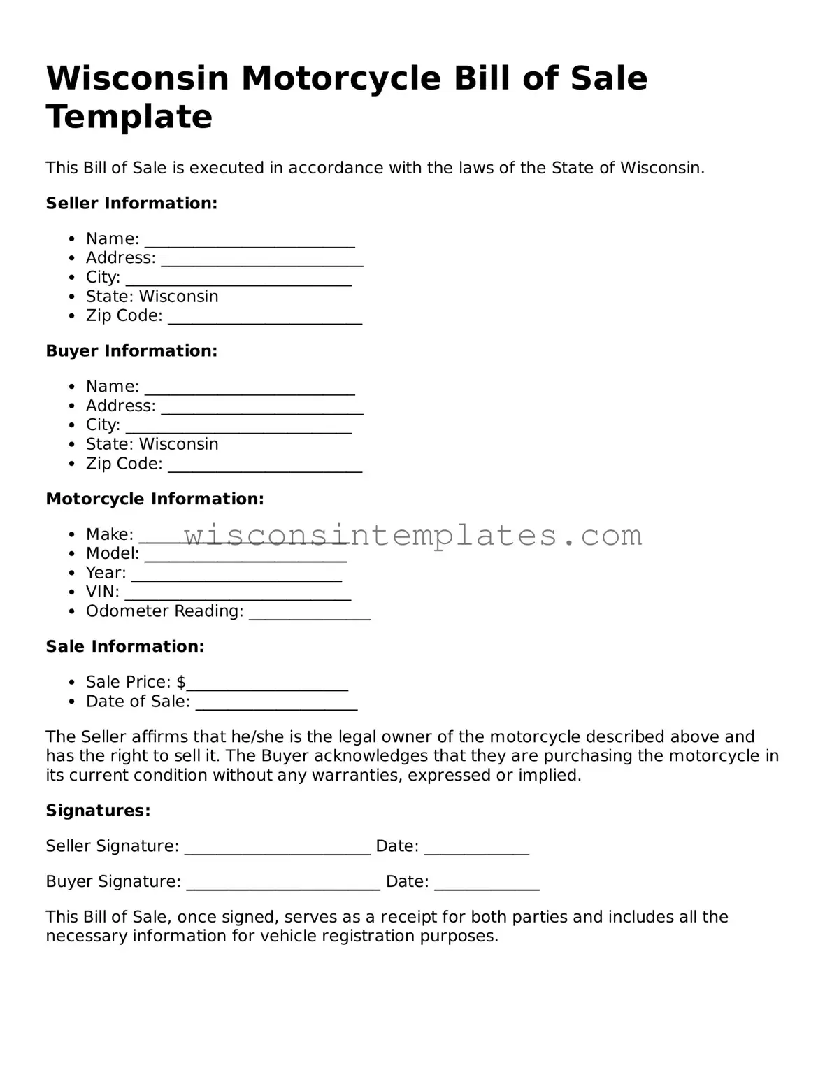 Legal Motorcycle Bill of Sale Form for Wisconsin State