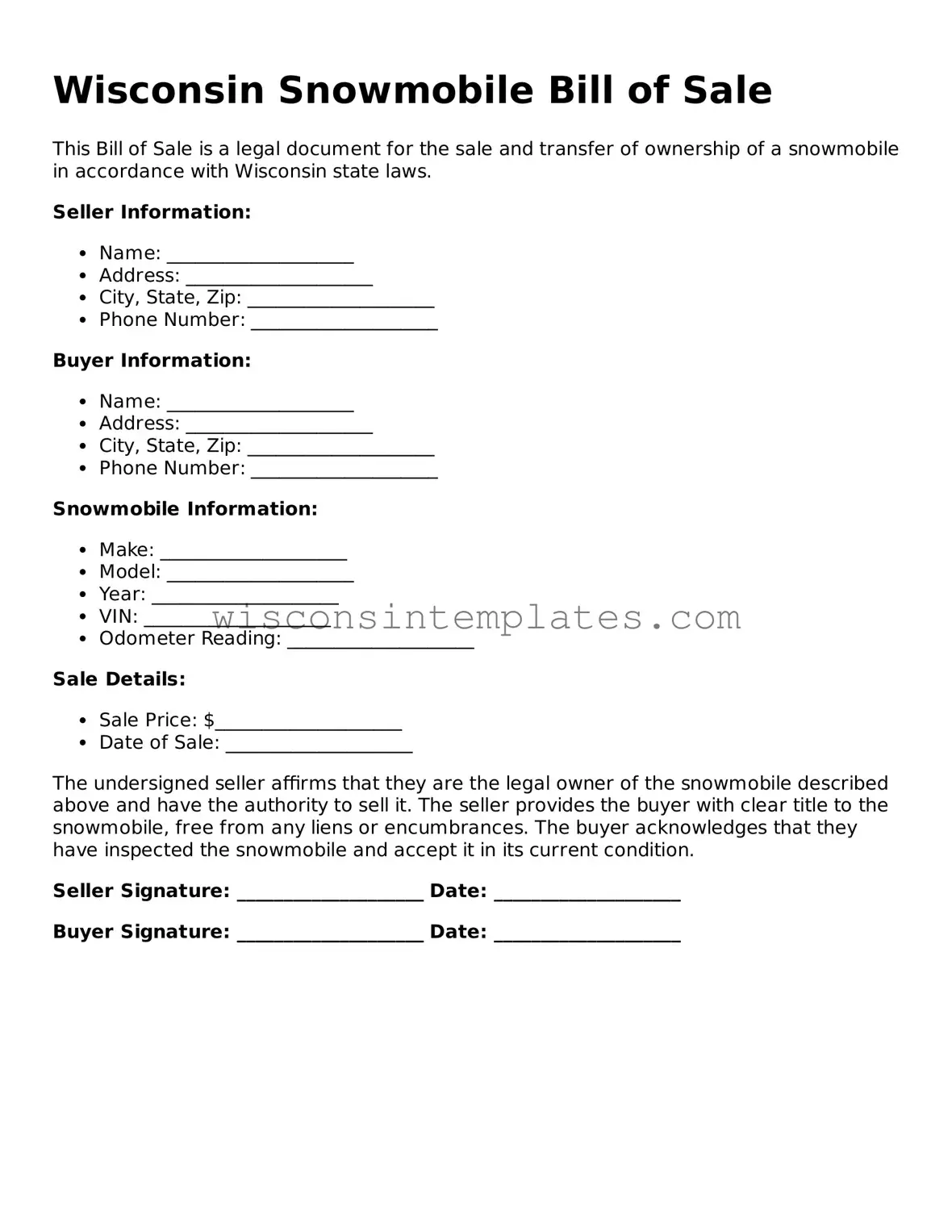 Legal Snowmobile Bill of Sale Form for Wisconsin State