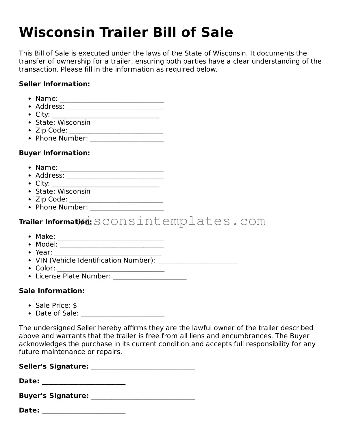 Legal Trailer Bill of Sale Form for Wisconsin State