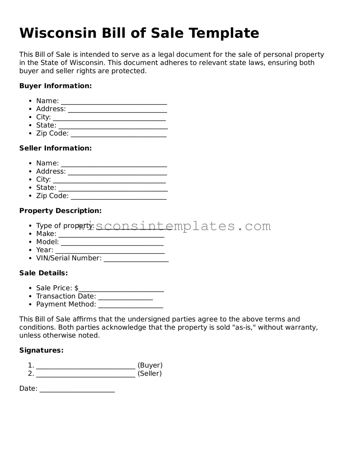Legal Bill of Sale Form for Wisconsin State