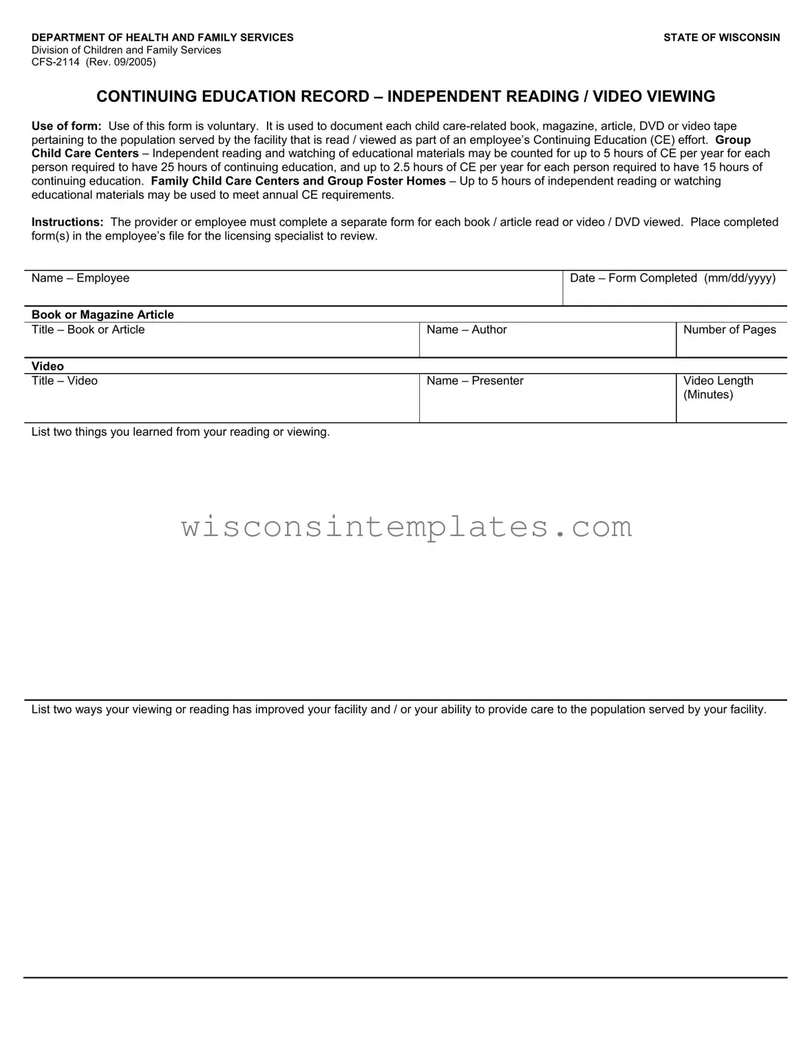 Fill Out Your Wisconsin Cfs 2114 Template