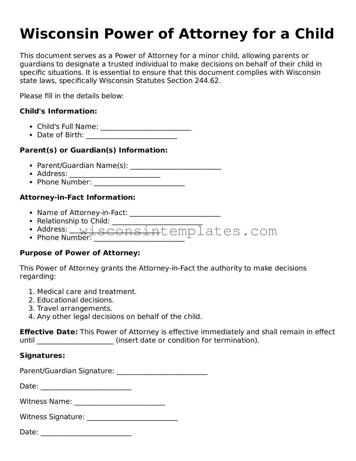 Legal Power of Attorney for a Child Form for Wisconsin State