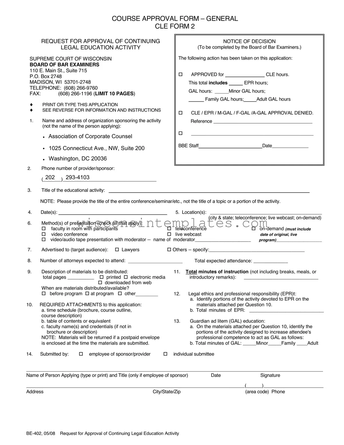 Fill Out Your Wisconsin Cle 2 Template