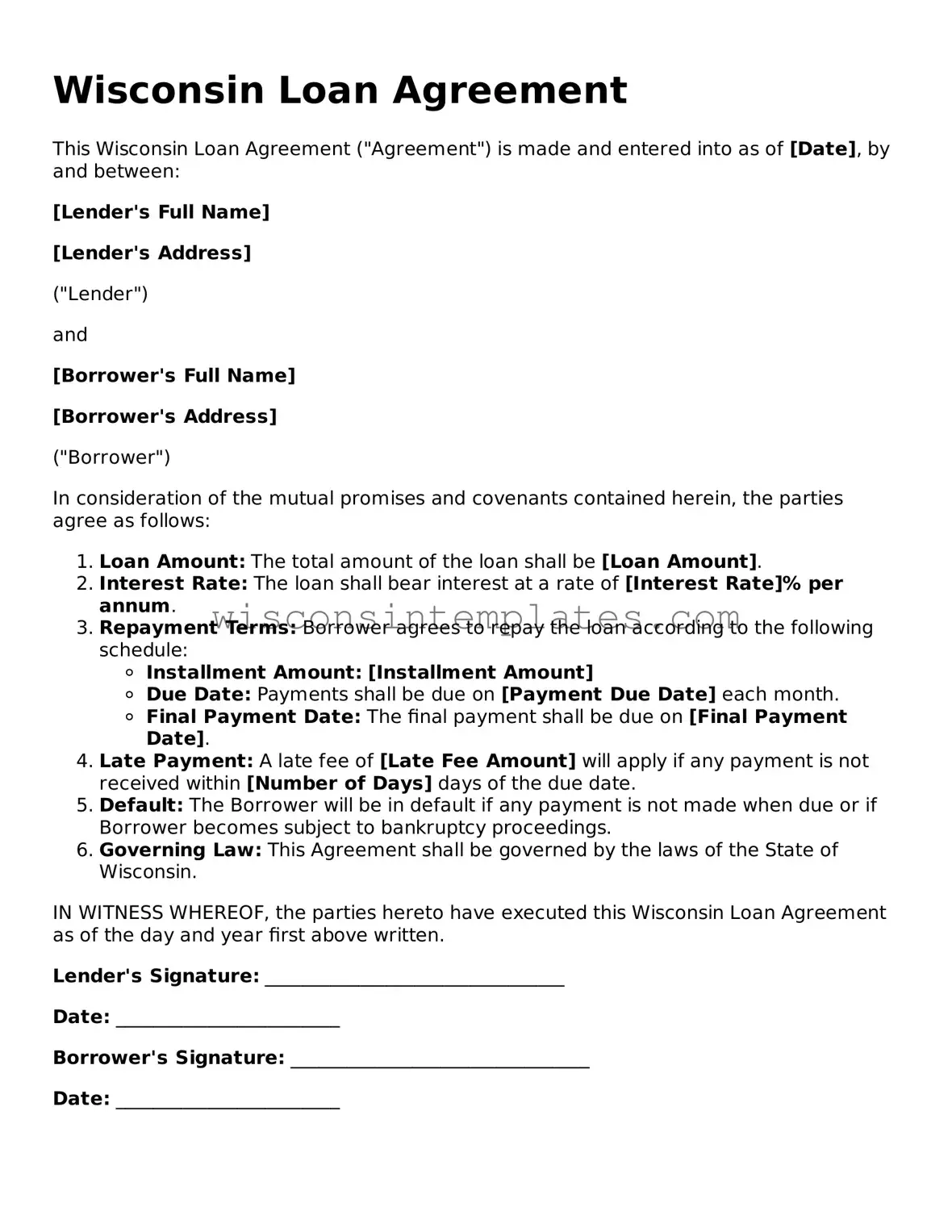 Legal Loan Agreement Form for Wisconsin State