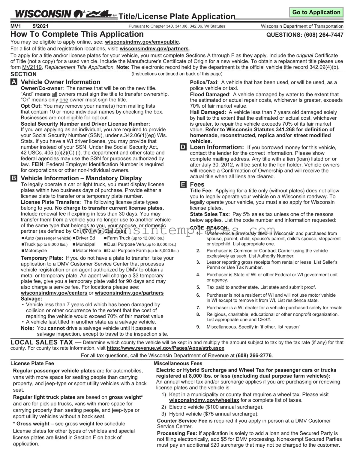 Fill Out Your Wisconsin Dmv Mv1 Template