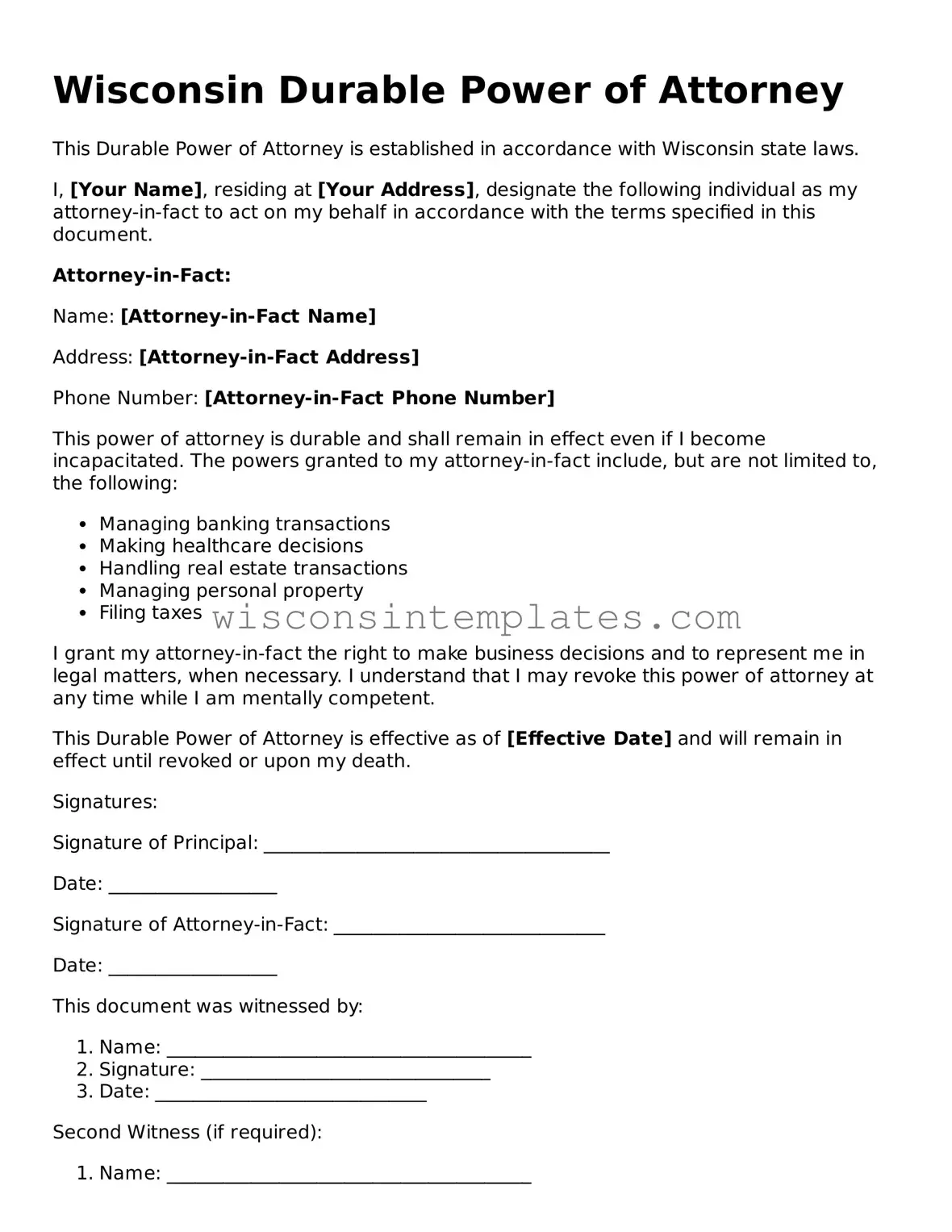 Legal Durable Power of Attorney Form for Wisconsin State