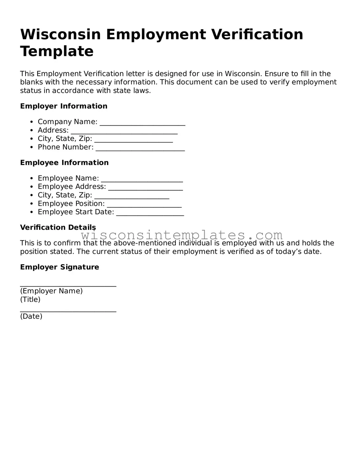 Legal Employment Verification Form for Wisconsin State