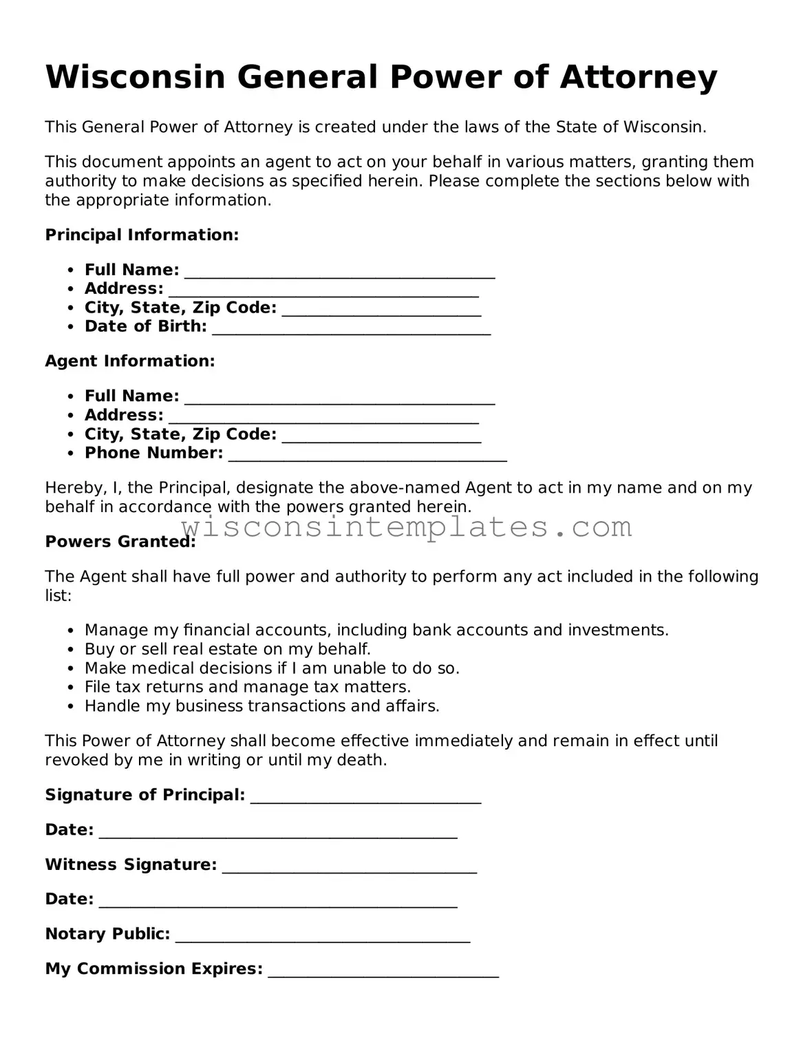 Legal General Power of Attorney Form for Wisconsin State
