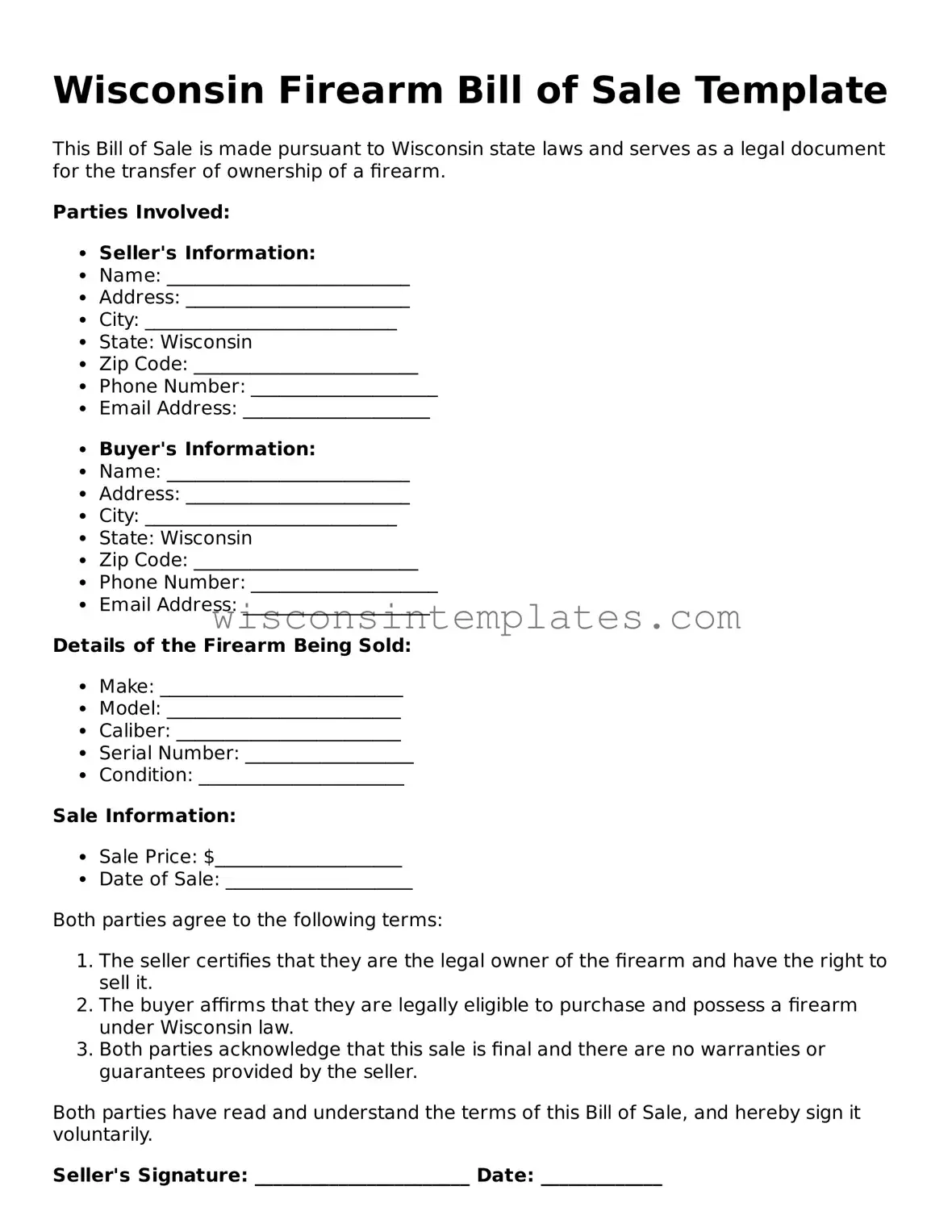 Legal Firearm Bill of Sale Form for Wisconsin State