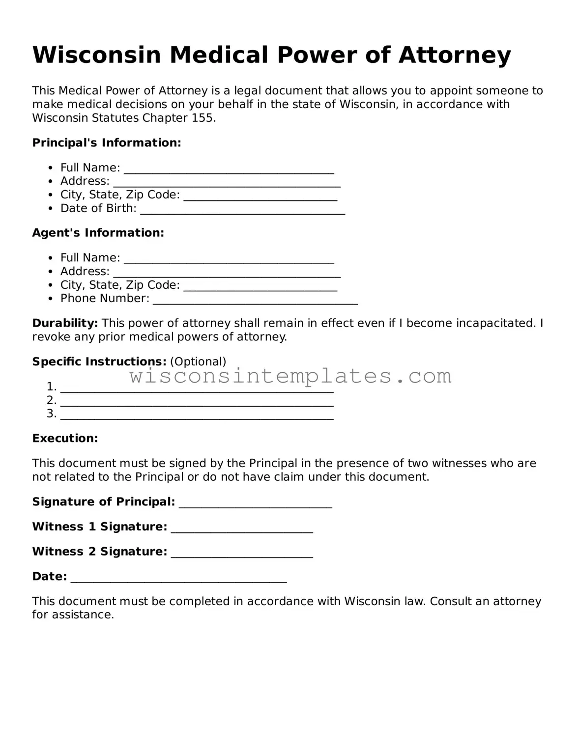 Legal Medical Power of Attorney Form for Wisconsin State