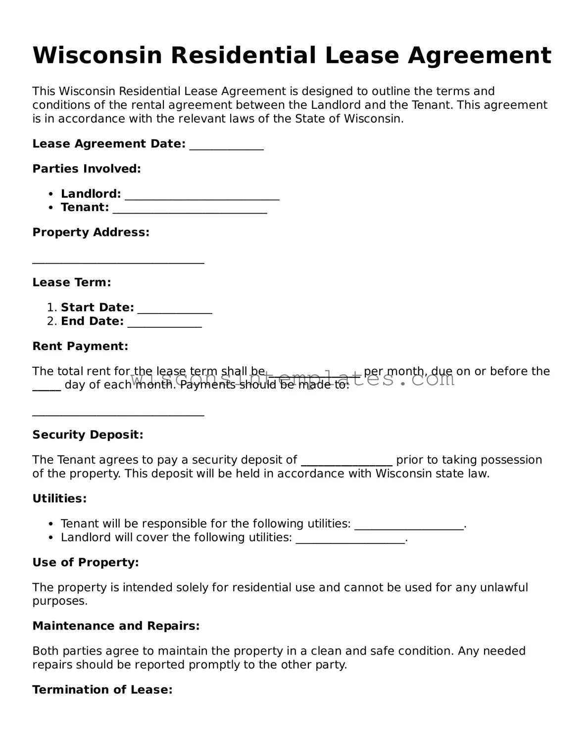 Legal Residential Lease Agreement Form for Wisconsin State