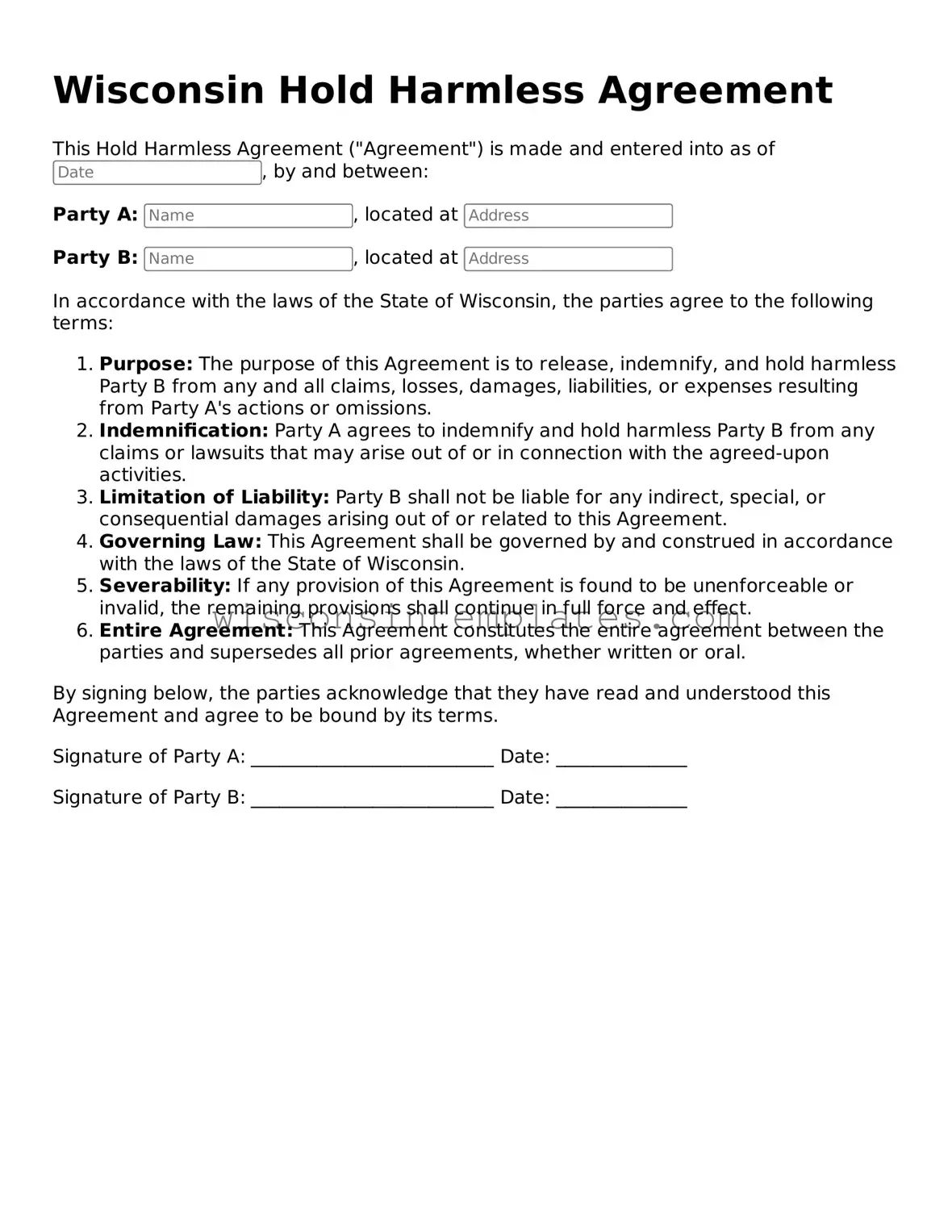 Legal Hold Harmless Agreement Form for Wisconsin State