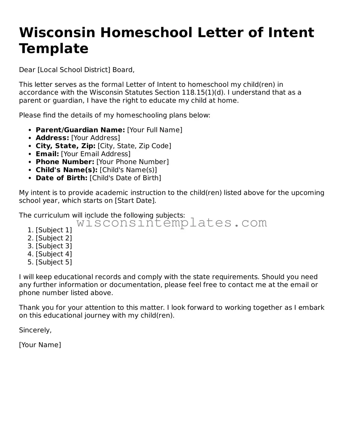 Legal Homeschool Letter of Intent Form for Wisconsin State