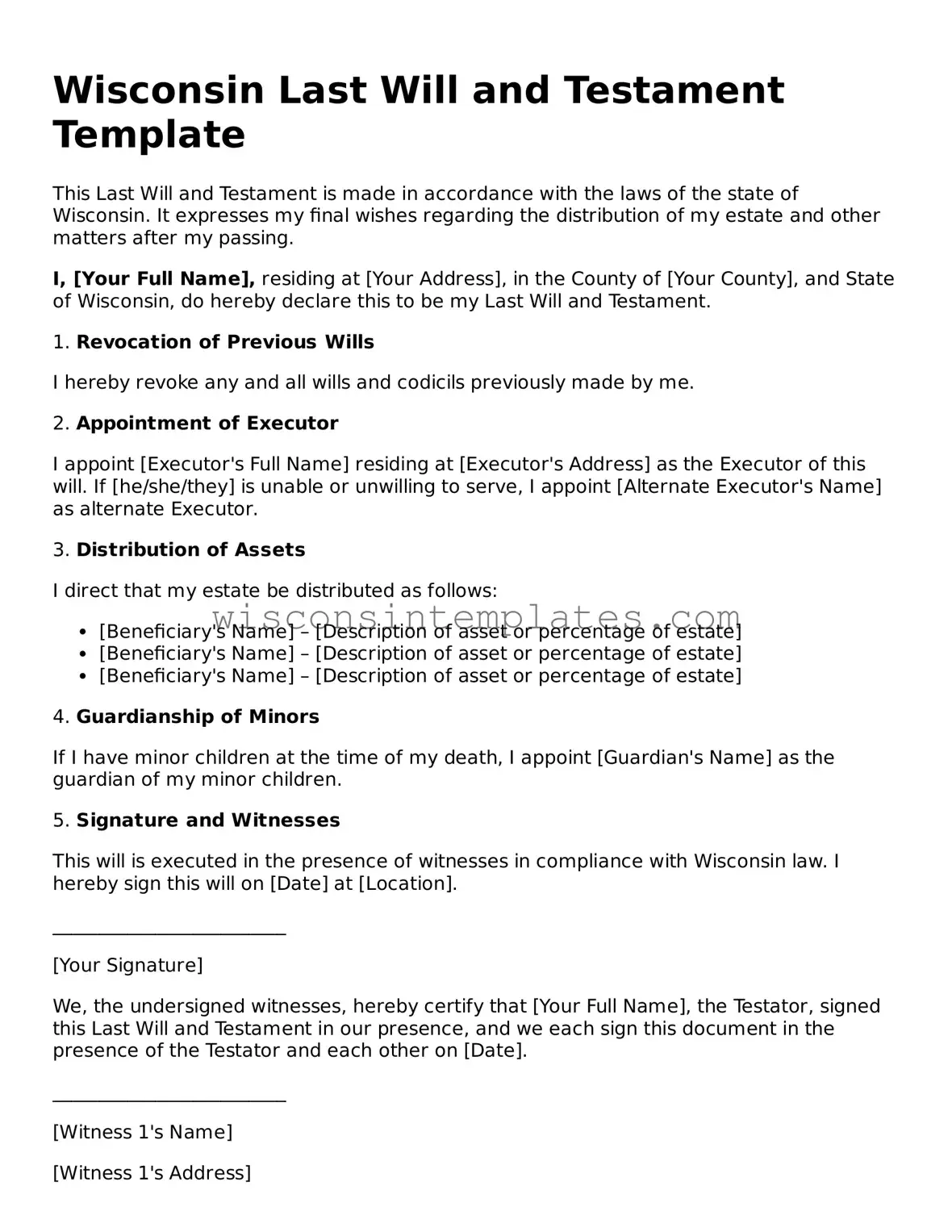 Legal Last Will and Testament Form for Wisconsin State