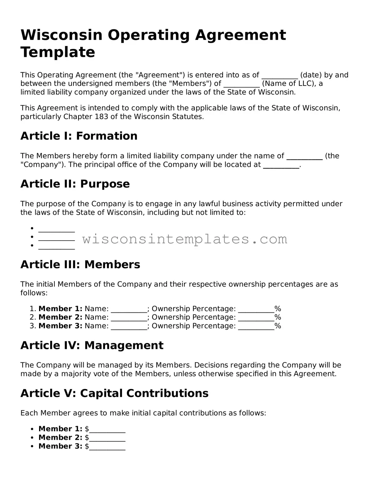 Legal Operating Agreement Form for Wisconsin State