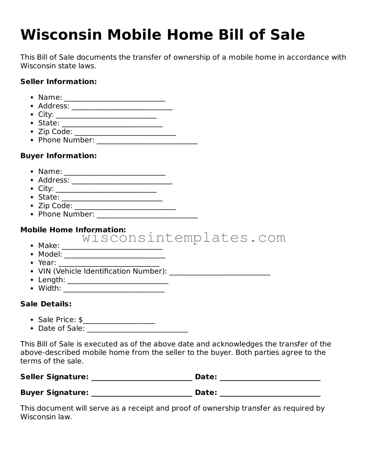 Legal Mobile Home Bill of Sale Form for Wisconsin State