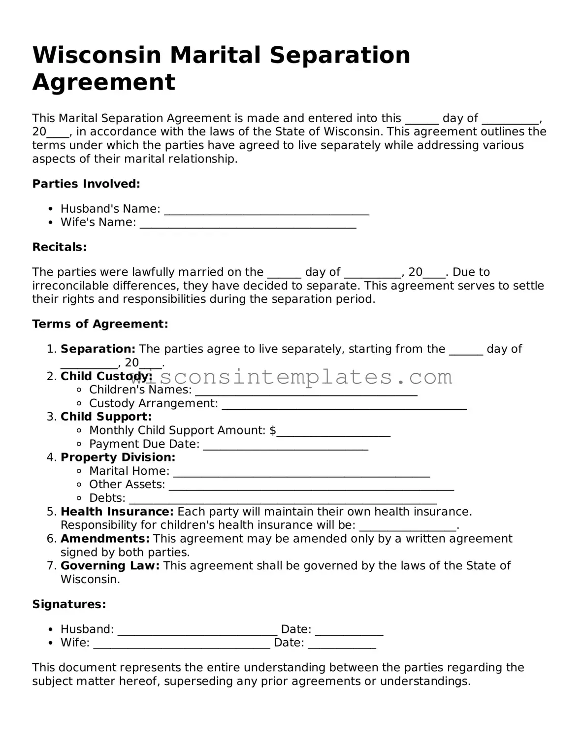 Legal Marital Separation Agreement Form for Wisconsin State