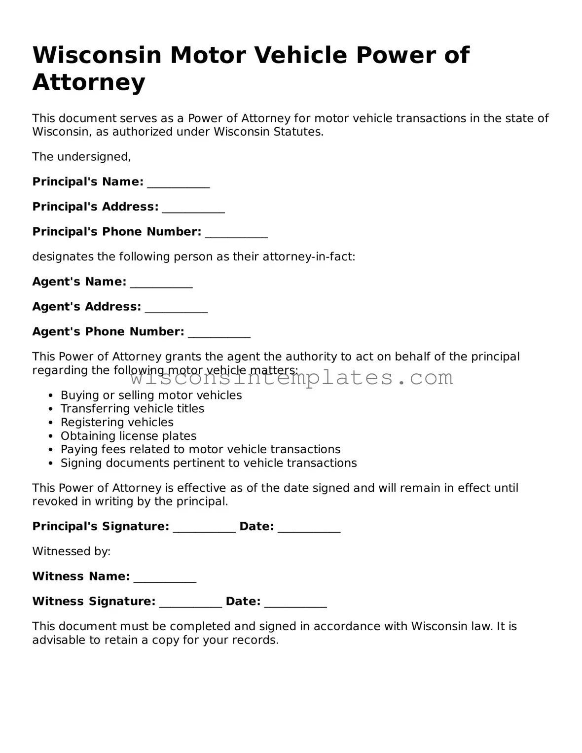 Legal Motor Vehicle Power of Attorney Form for Wisconsin State
