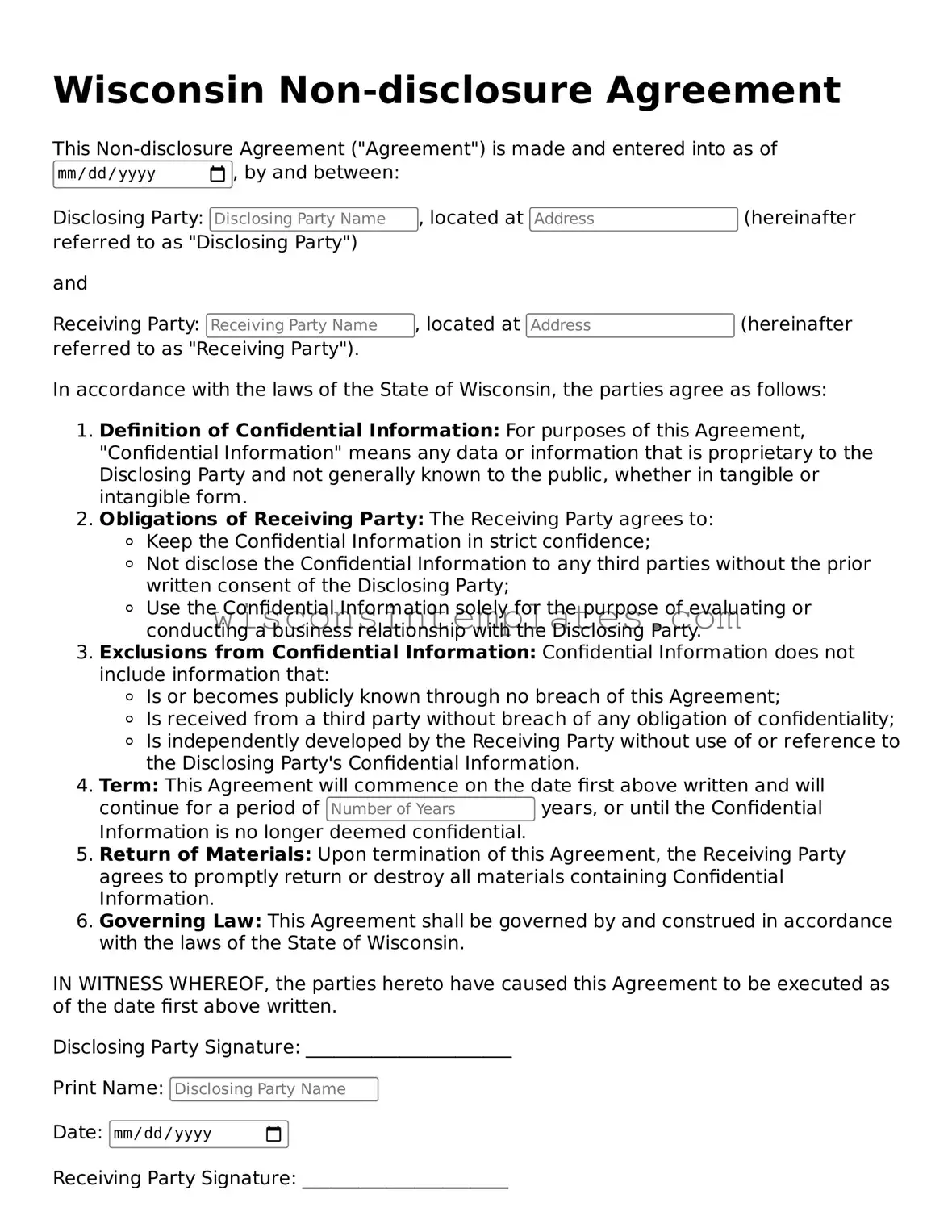 Legal Non-disclosure Agreement Form for Wisconsin State