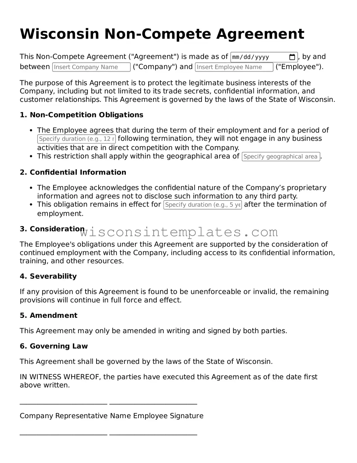 Legal Non-compete Agreement Form for Wisconsin State