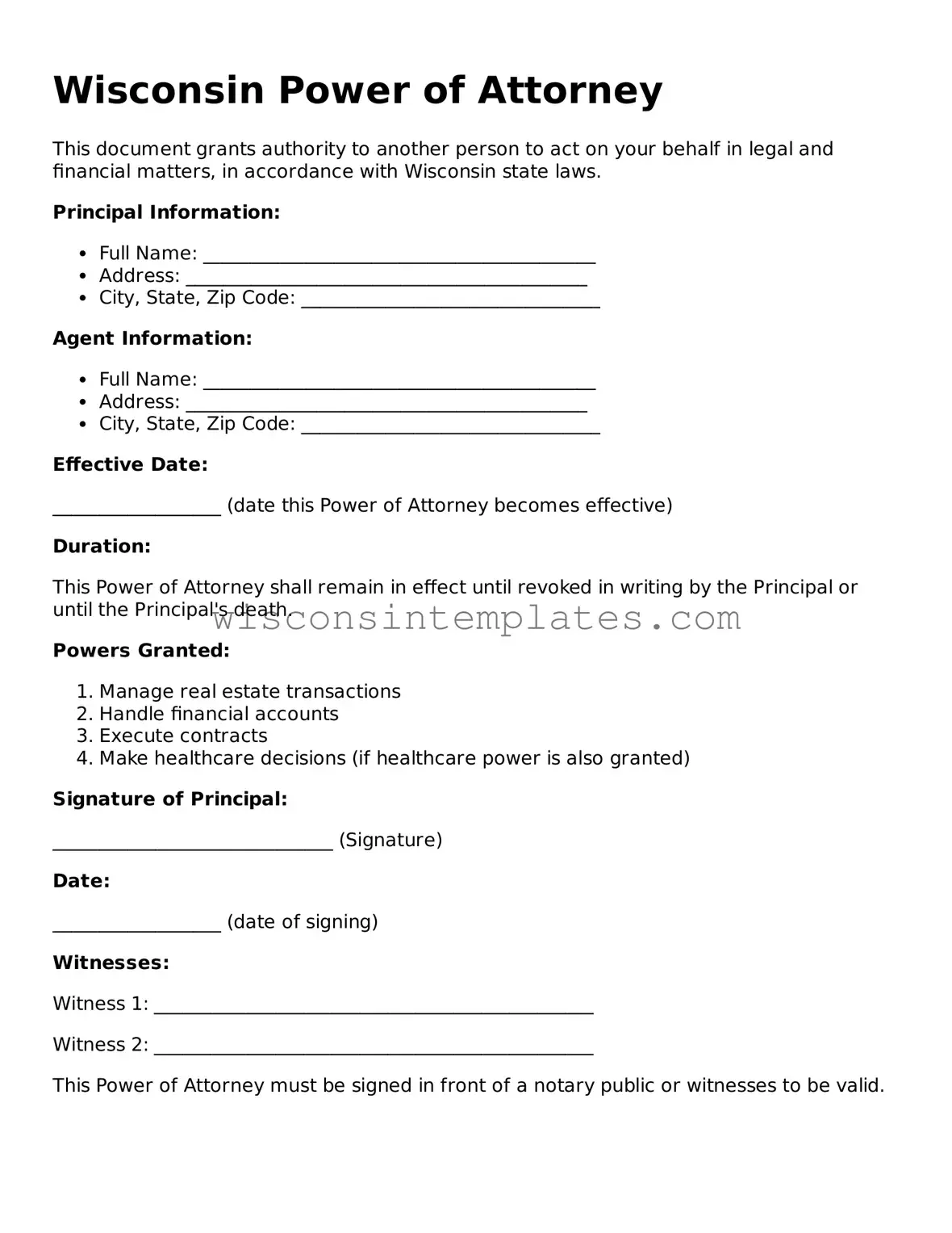 Legal Power of Attorney Form for Wisconsin State