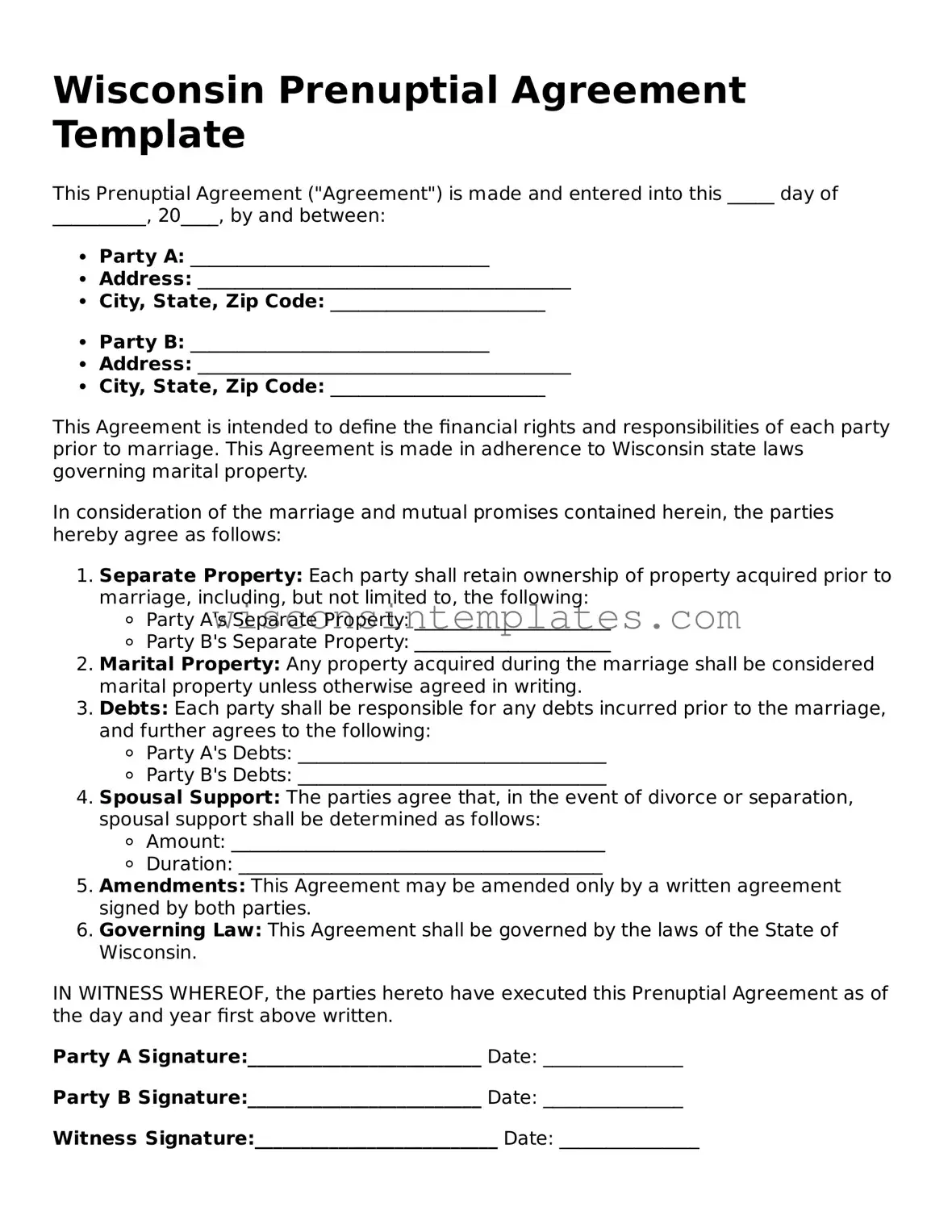 Legal Prenuptial Agreement Form for Wisconsin State