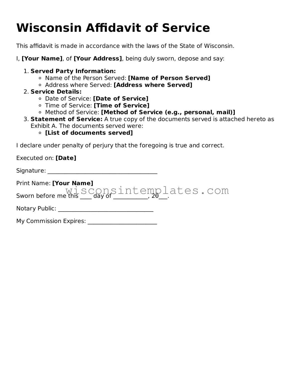 Legal Affidavit of Service Form for Wisconsin State