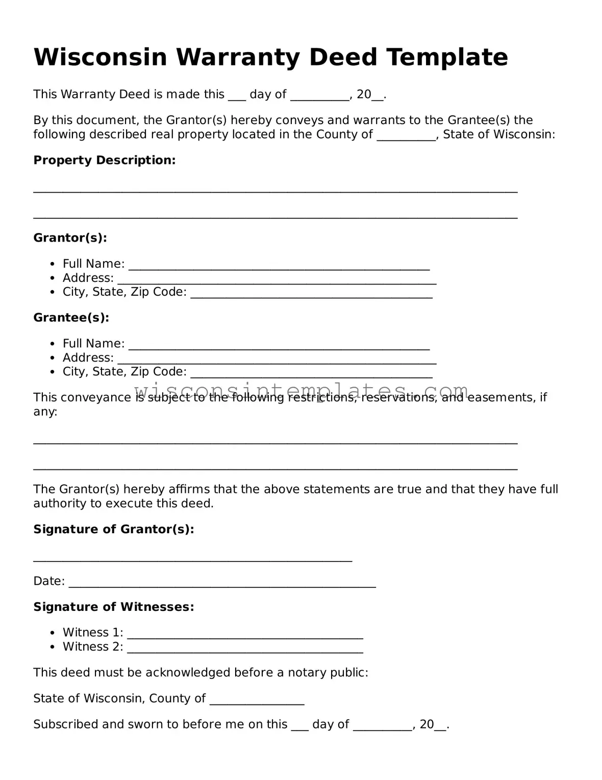 Legal Deed Form for Wisconsin State