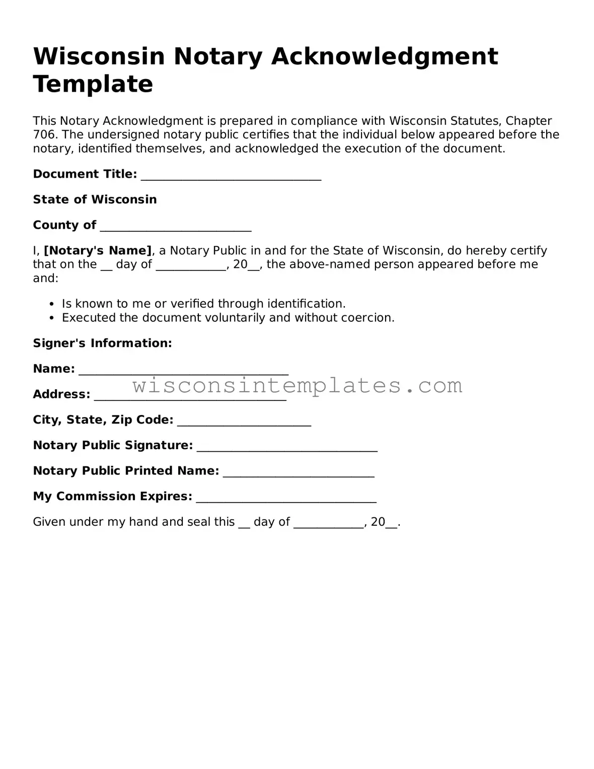 Legal Notary Acknowledgement Form for Wisconsin State