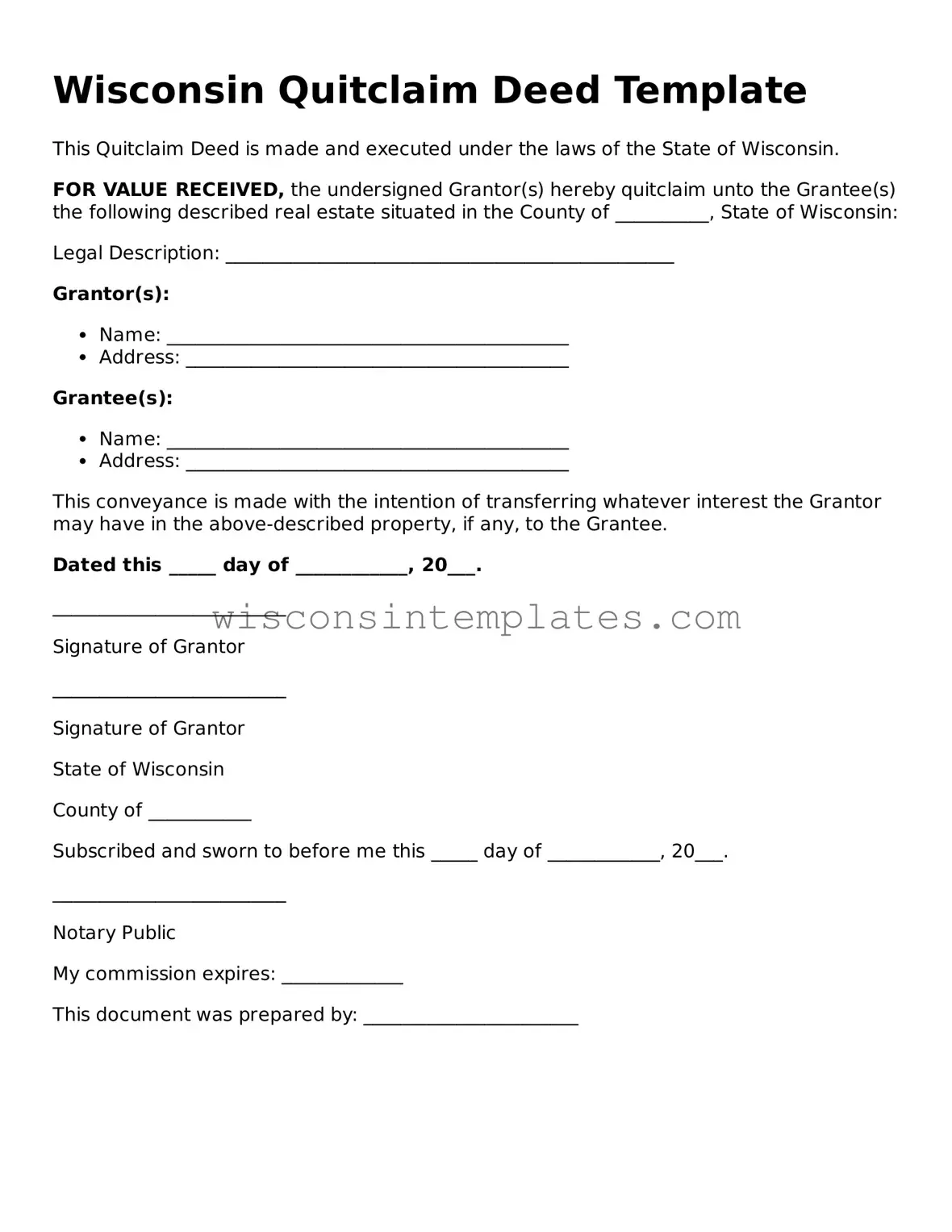 Legal Quitclaim Deed Form for Wisconsin State