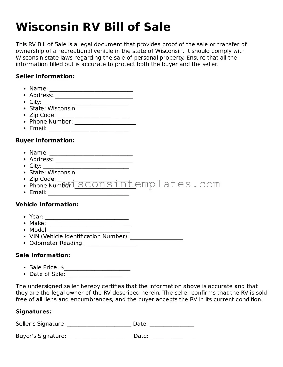 Legal RV Bill of Sale Form for Wisconsin State