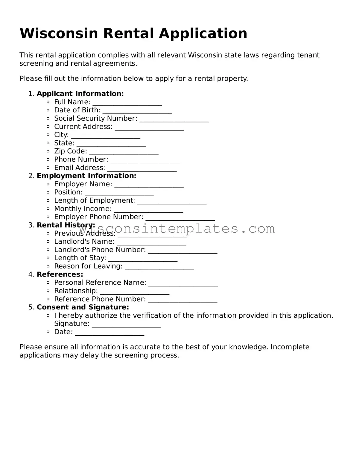 Legal Rental Application Form for Wisconsin State
