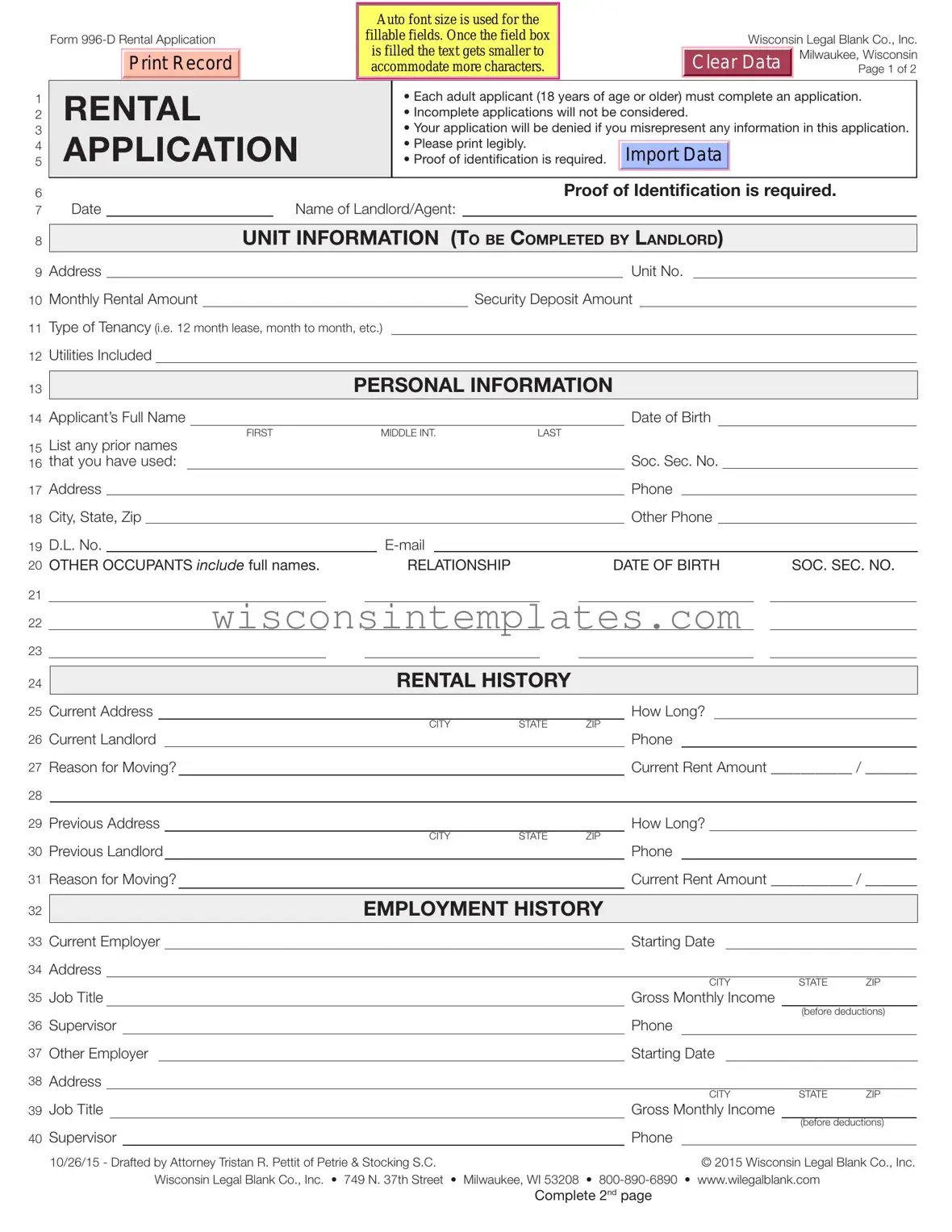 Fill Out Your Wisconsin Rental Application Template