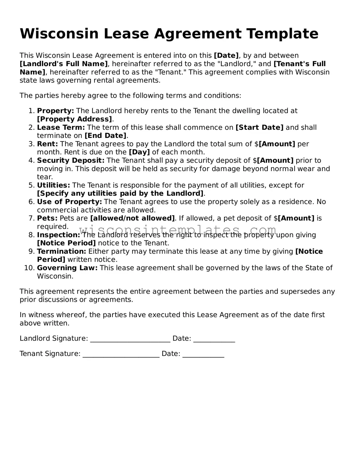 Legal Lease Agreement Form for Wisconsin State