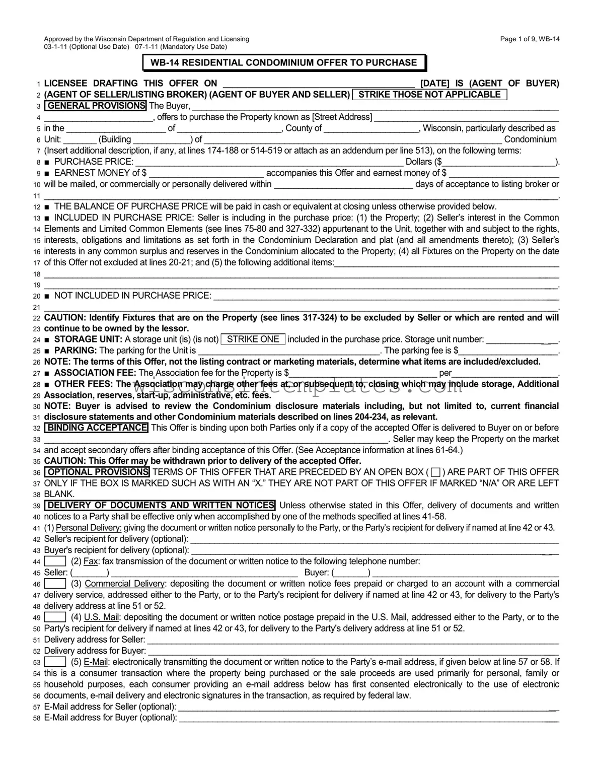 Fill Out Your Wisconsin Residential Offer Template