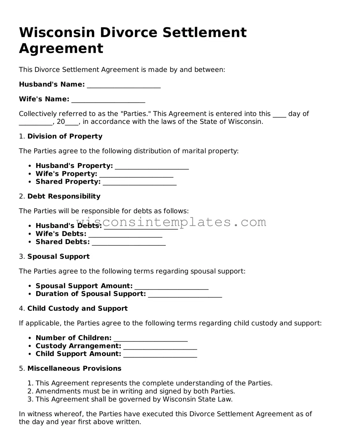 Legal Divorce Settlement Agreement Form for Wisconsin State