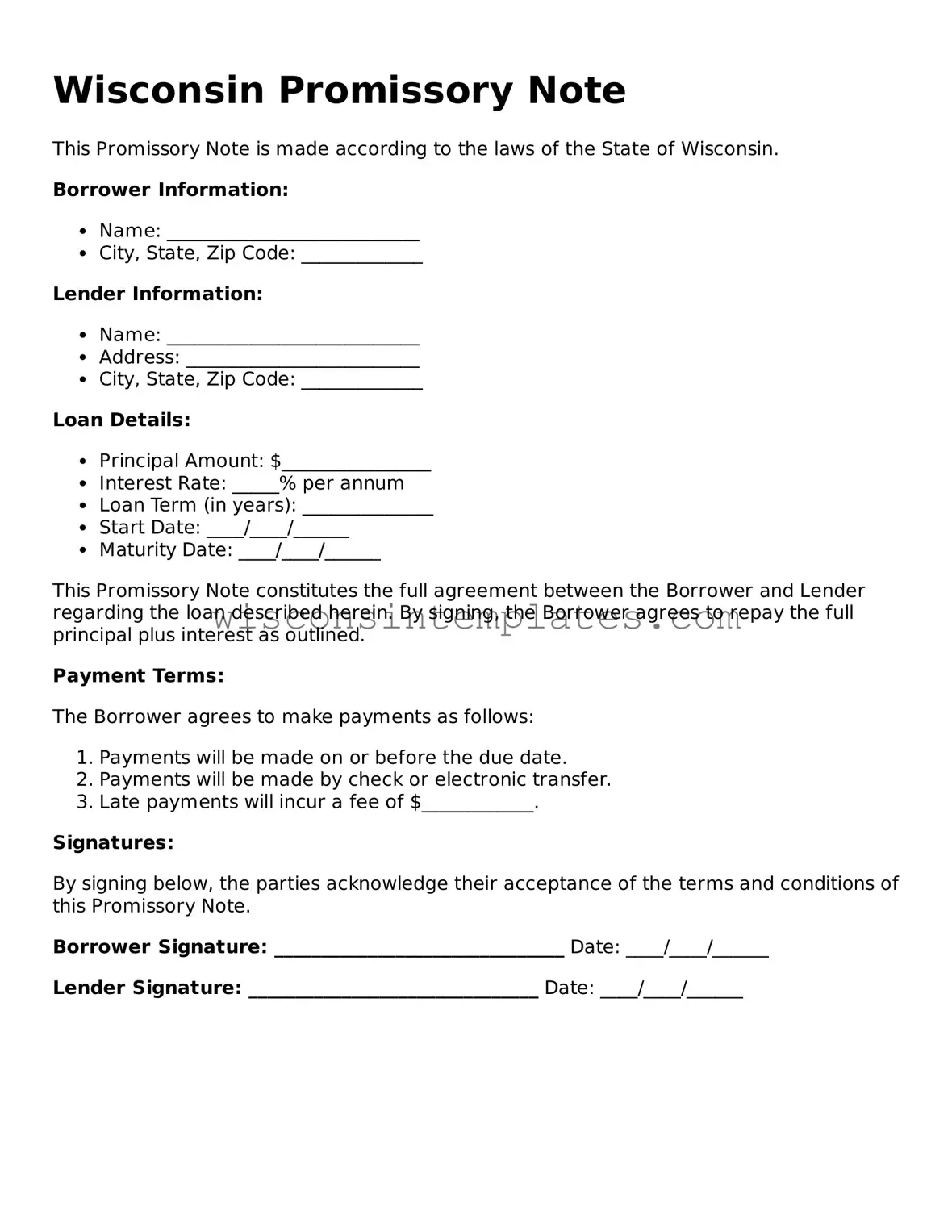 Legal Promissory Note Form for Wisconsin State
