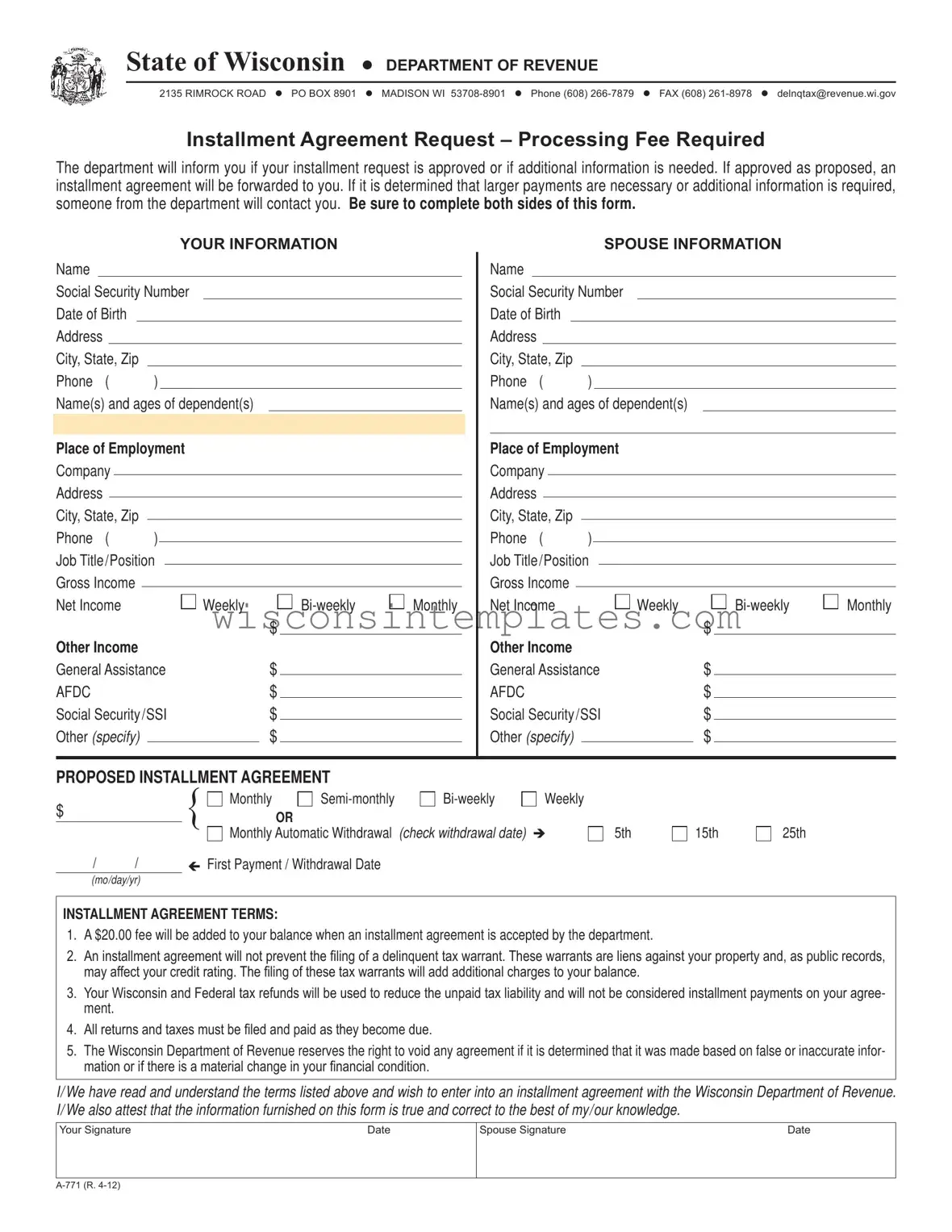 Fill Out Your Wisconsin Tax A 771 Template