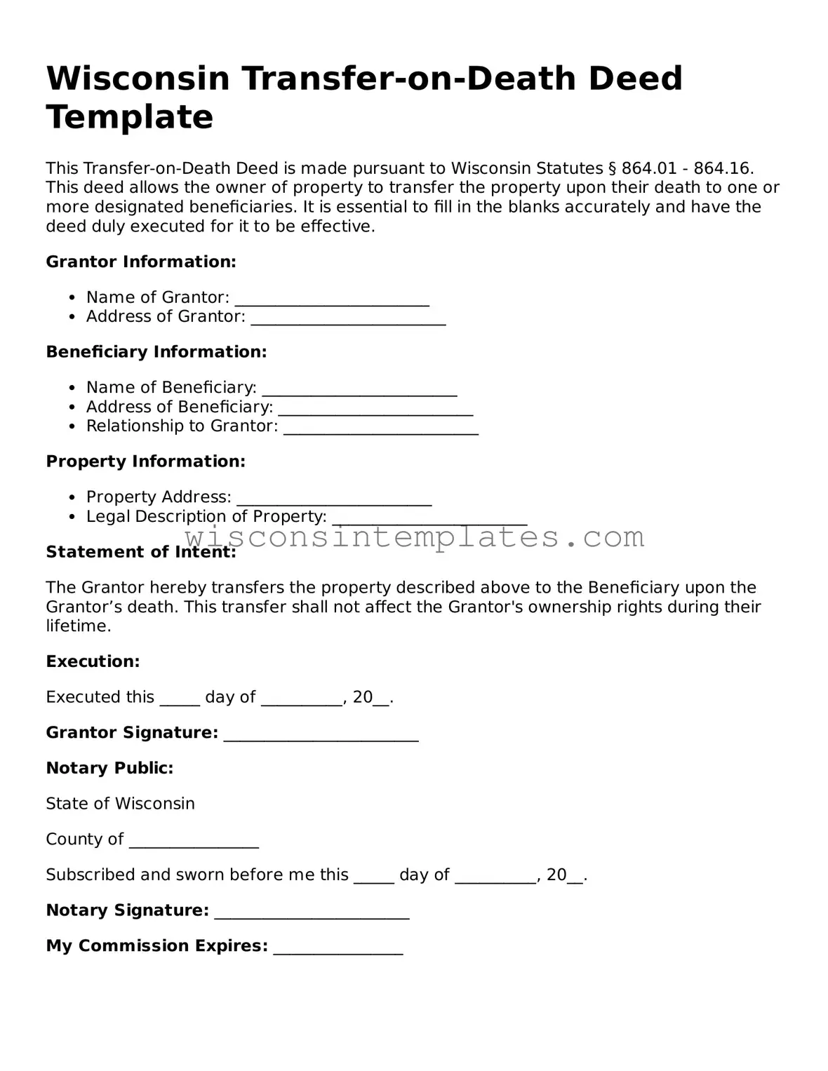 Legal Transfer-on-Death Deed Form for Wisconsin State