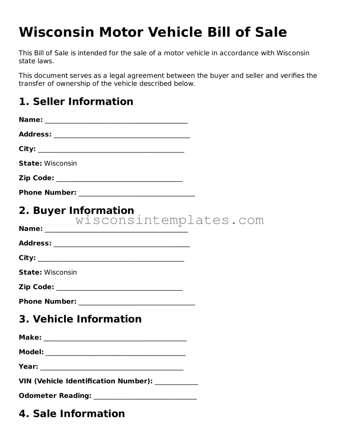 Legal Motor Vehicle Bill of Sale Form for Wisconsin State