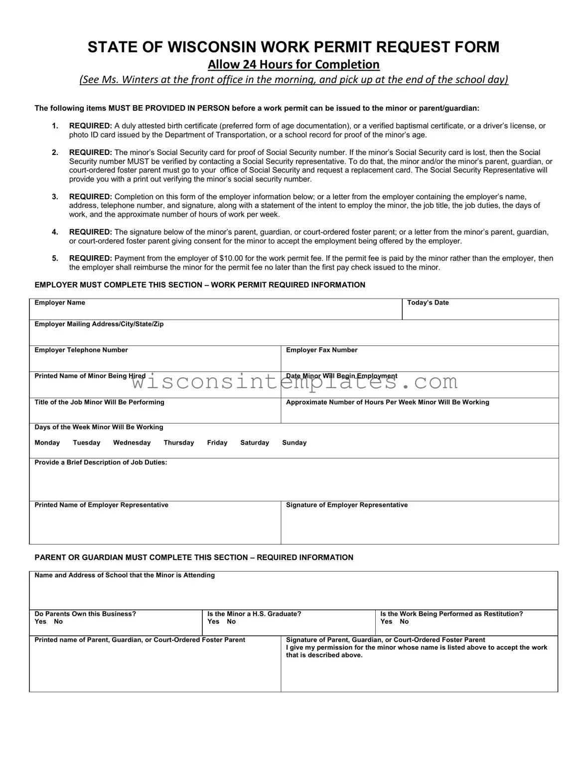 Fill Out Your Wisconsin Work Permit Template